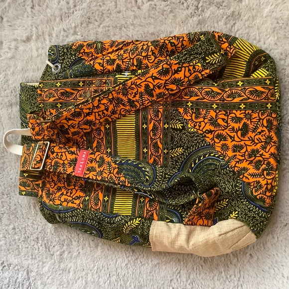 Handcrafted Orange & Olive Patterned Drawstring Backpack - Picture 2 of 4